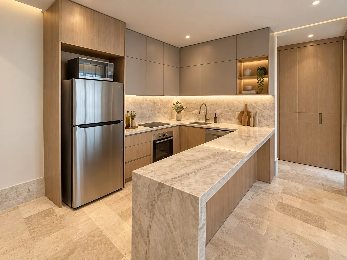 Render de cocina con isla y acabados en tonos cálidos