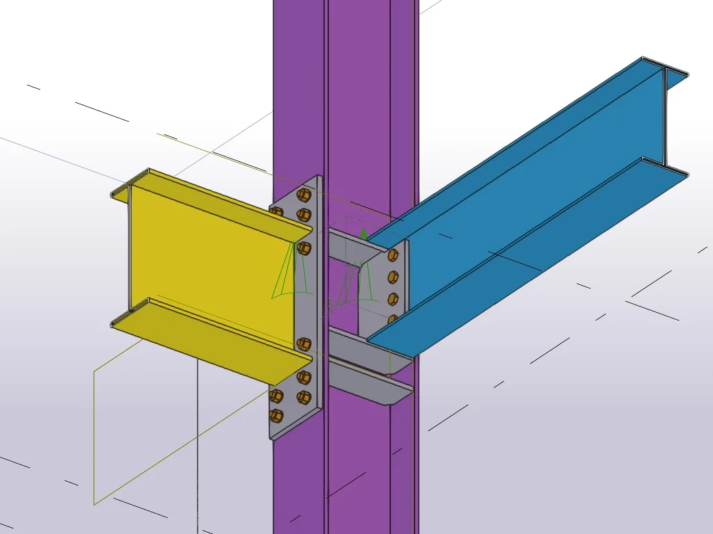 Modelo tridimensional de una conexión de acero en colores